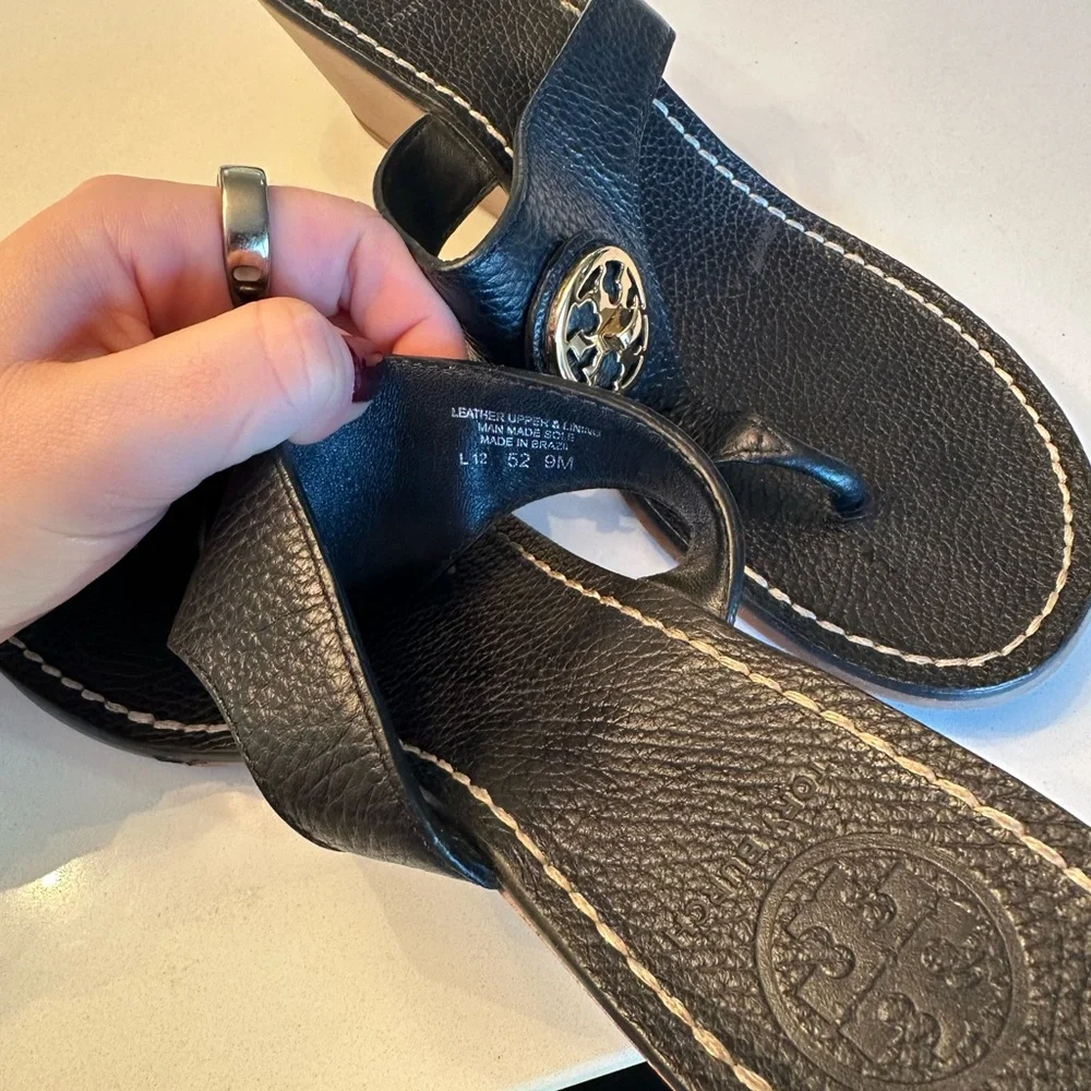 Tory Burch Black Leather Logo Thong Sandals